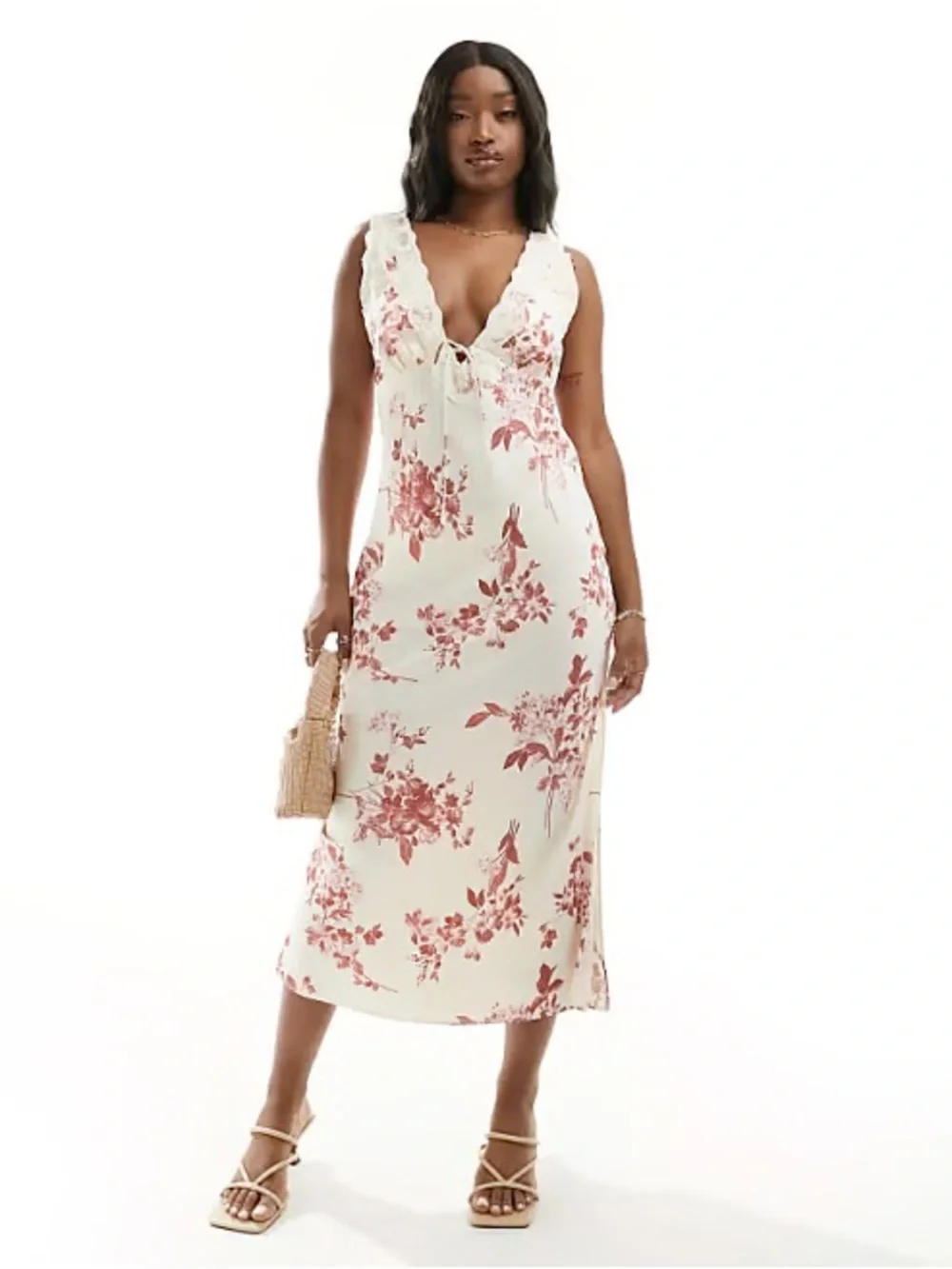 Abercrombie satin Ivory Floral Midi Dress with Mauve Rose Print